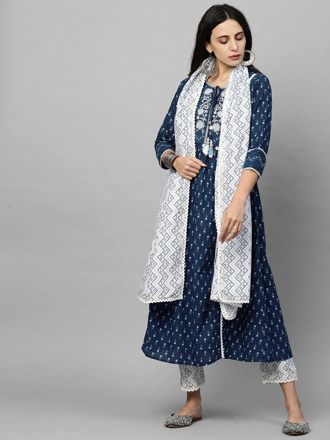 Floral Printed & Embroidered Kurta with Printed Pant & Dupatta - Navy Blue