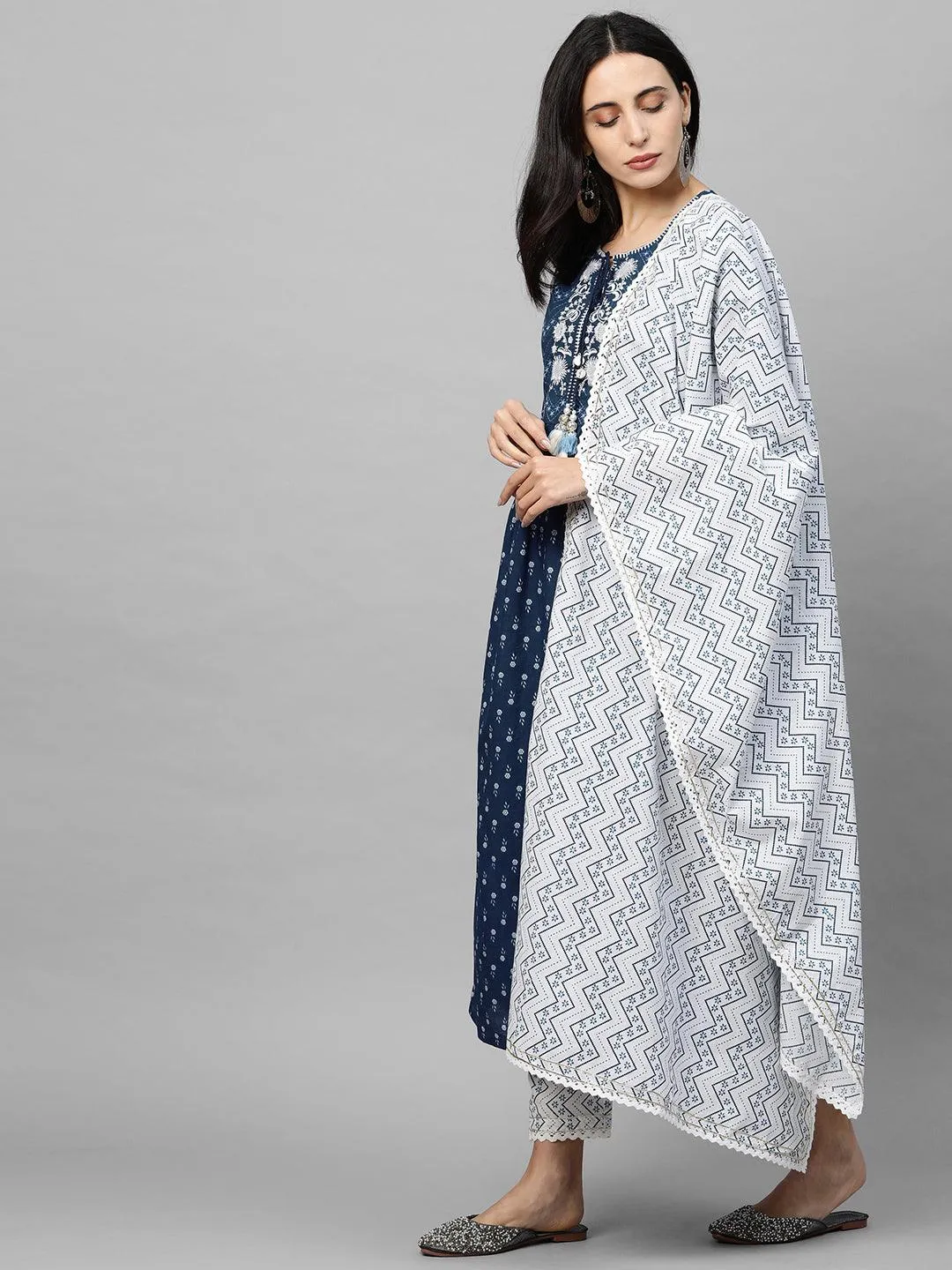 Floral Printed & Embroidered Kurta with Printed Pant & Dupatta - Navy Blue