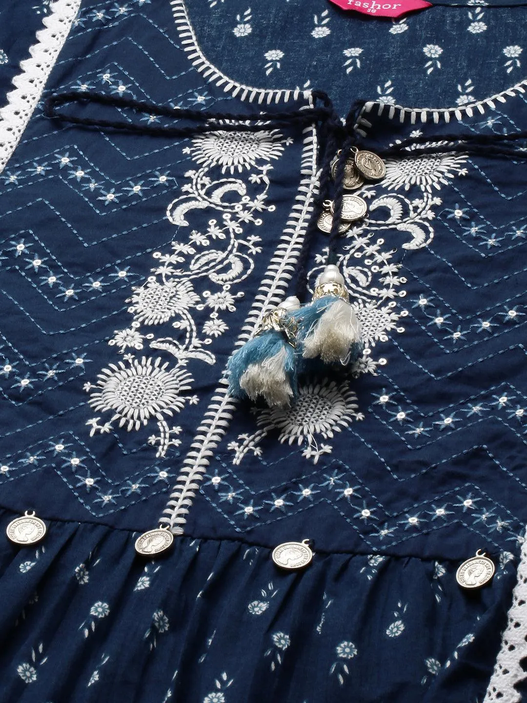 Floral Printed & Embroidered Kurta with Printed Pant & Dupatta - Navy Blue