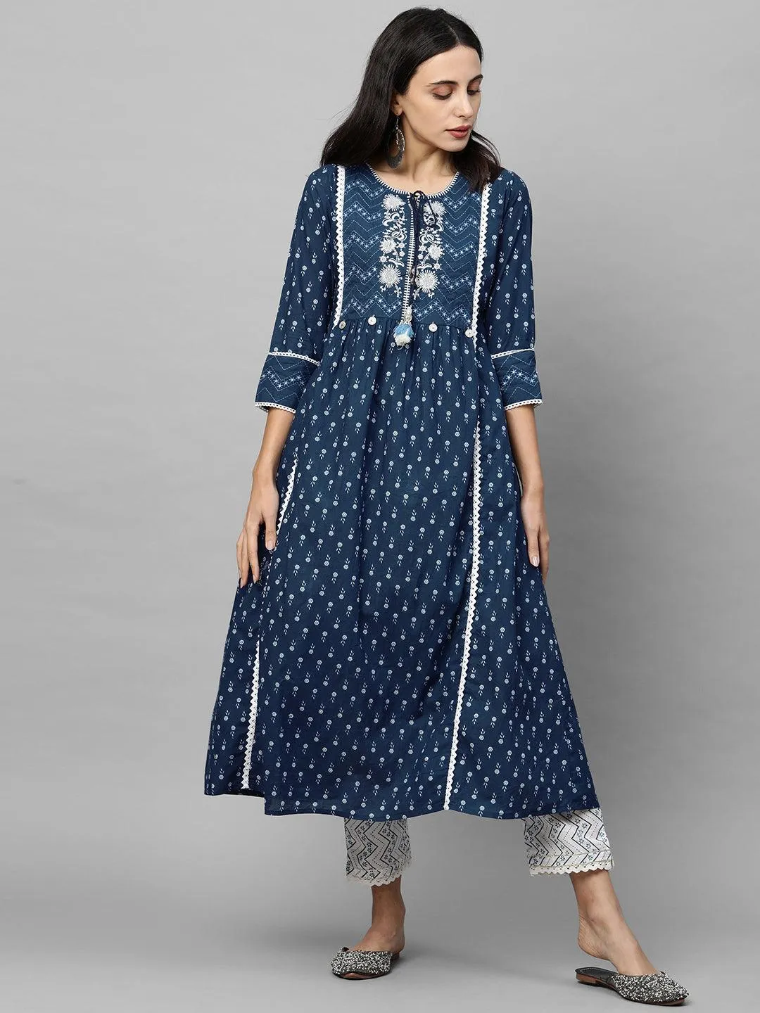 Floral Printed & Embroidered Kurta with Printed Pant & Dupatta - Navy Blue