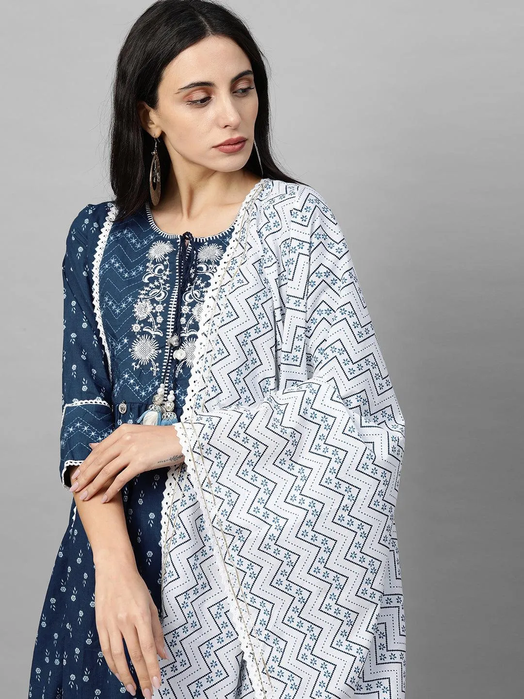 Floral Printed & Embroidered Kurta with Printed Pant & Dupatta - Navy Blue