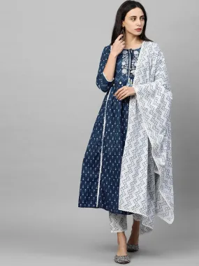 Floral Printed & Embroidered Kurta with Printed Pant & Dupatta - Navy Blue