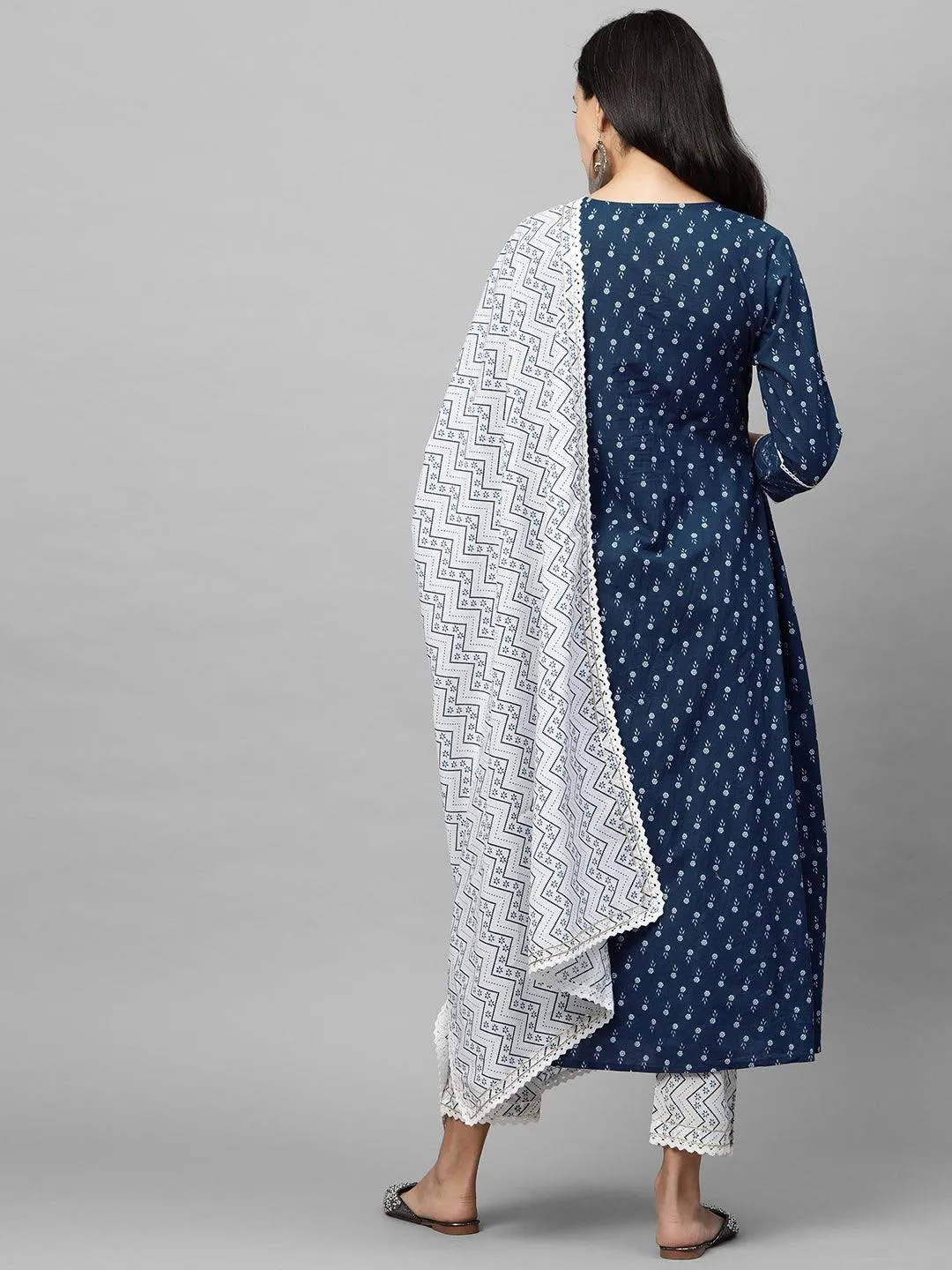 Floral Printed & Embroidered Kurta with Printed Pant & Dupatta - Navy Blue
