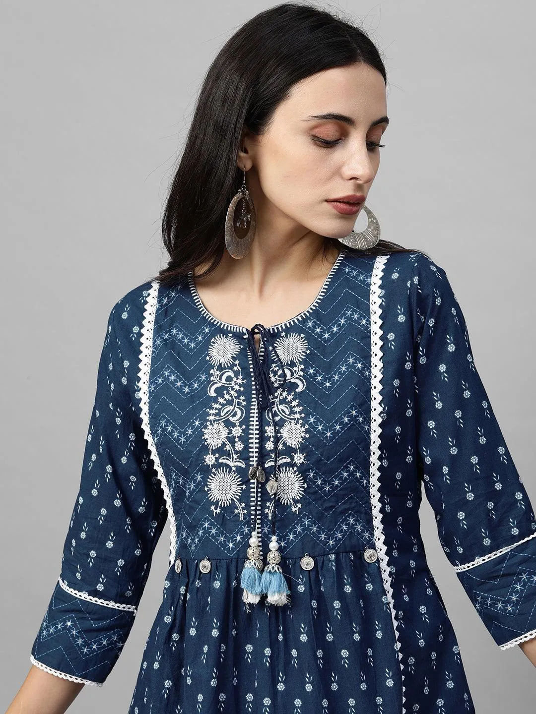 Floral Printed & Embroidered Kurta with Printed Pant & Dupatta - Navy Blue