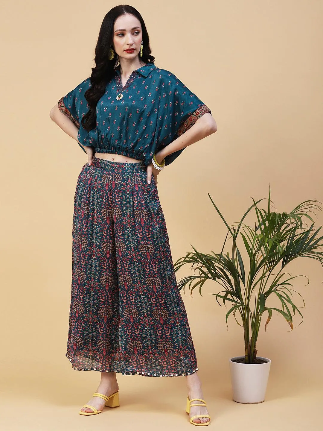 Floral Printed Resham & Beads Embroidered Kimono Crop Top With Floral Palazzo - Blue