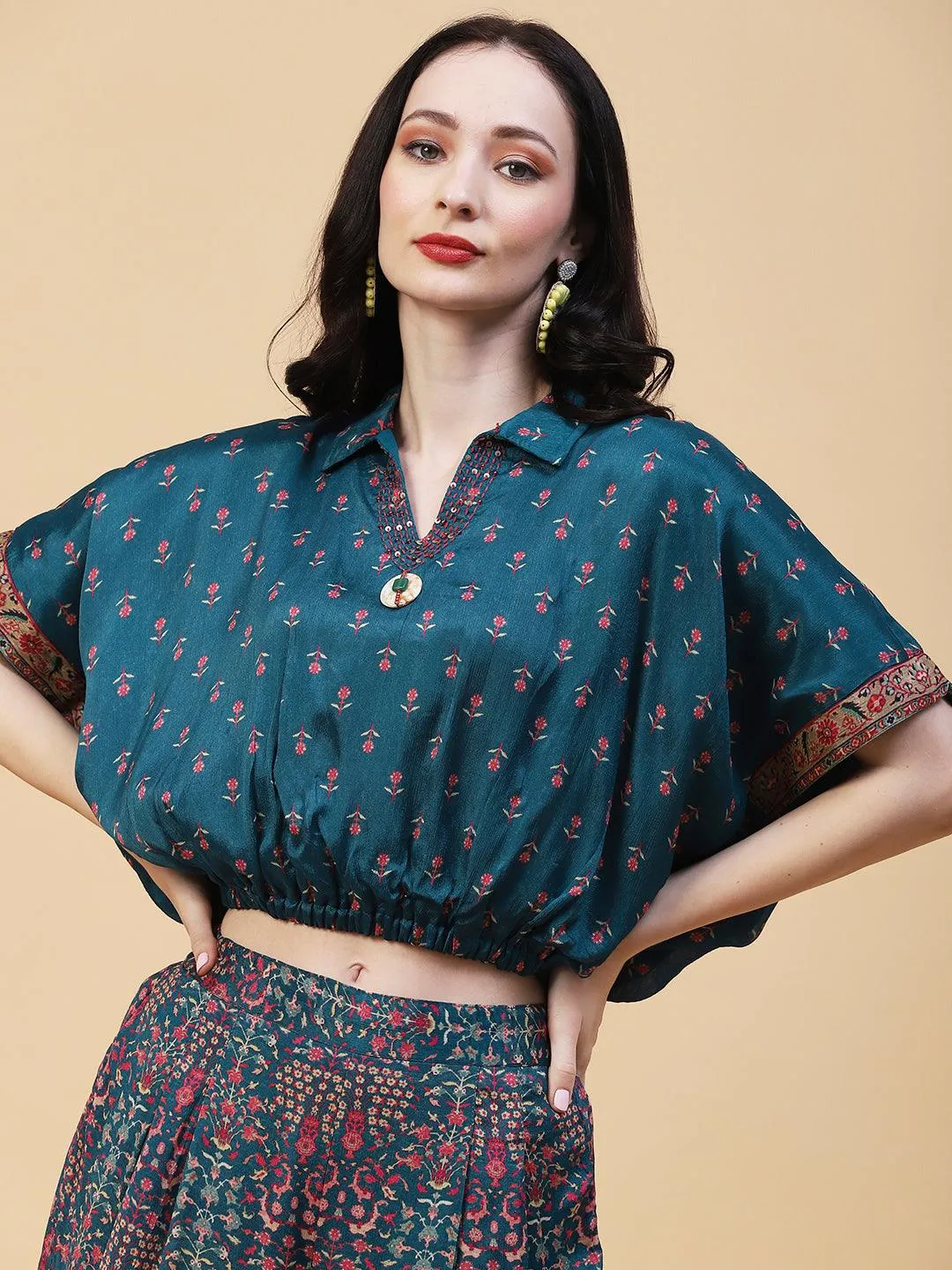 Floral Printed Resham & Beads Embroidered Kimono Crop Top With Floral Palazzo - Blue