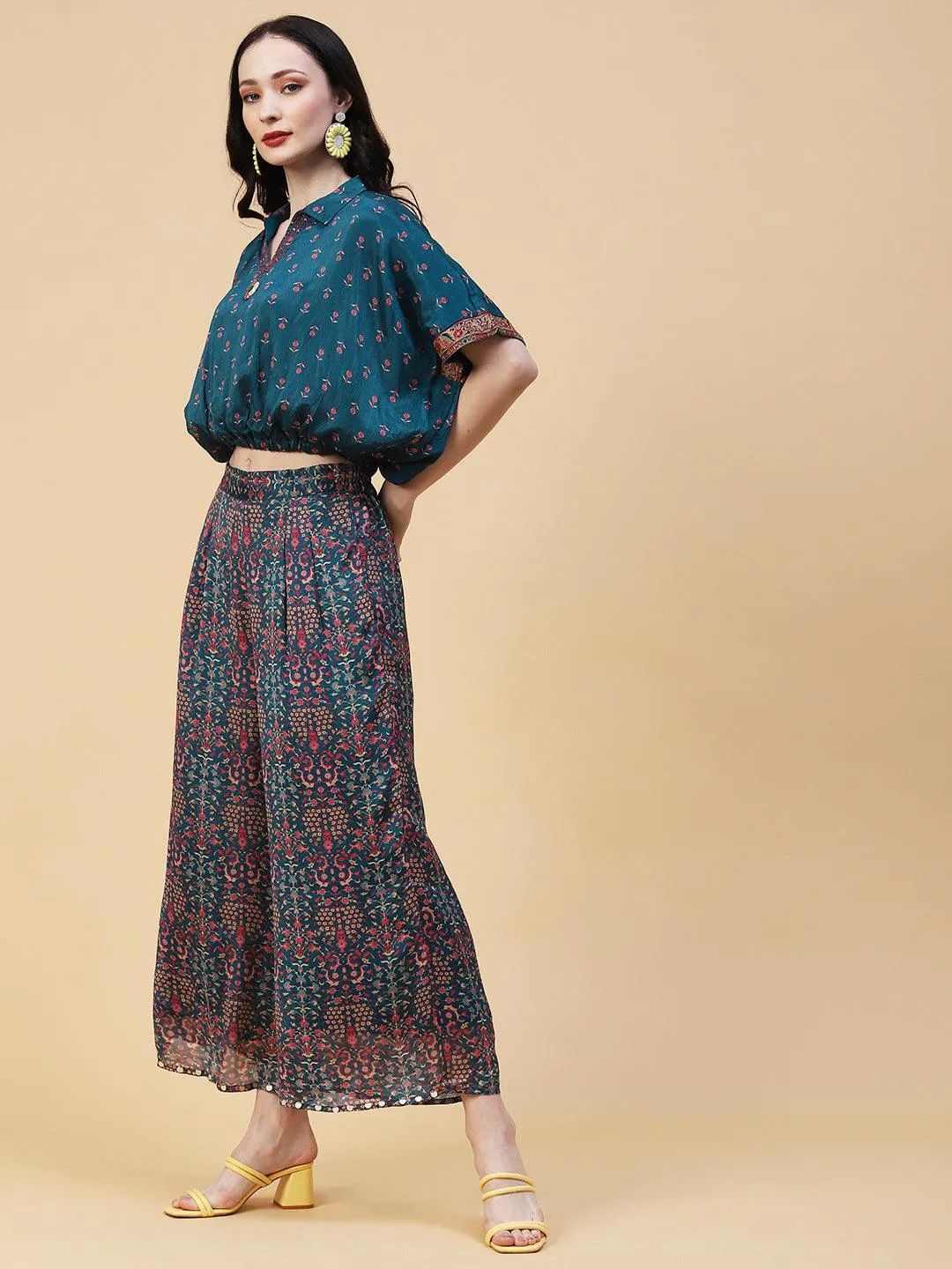 Floral Printed Resham & Beads Embroidered Kimono Crop Top With Floral Palazzo - Blue