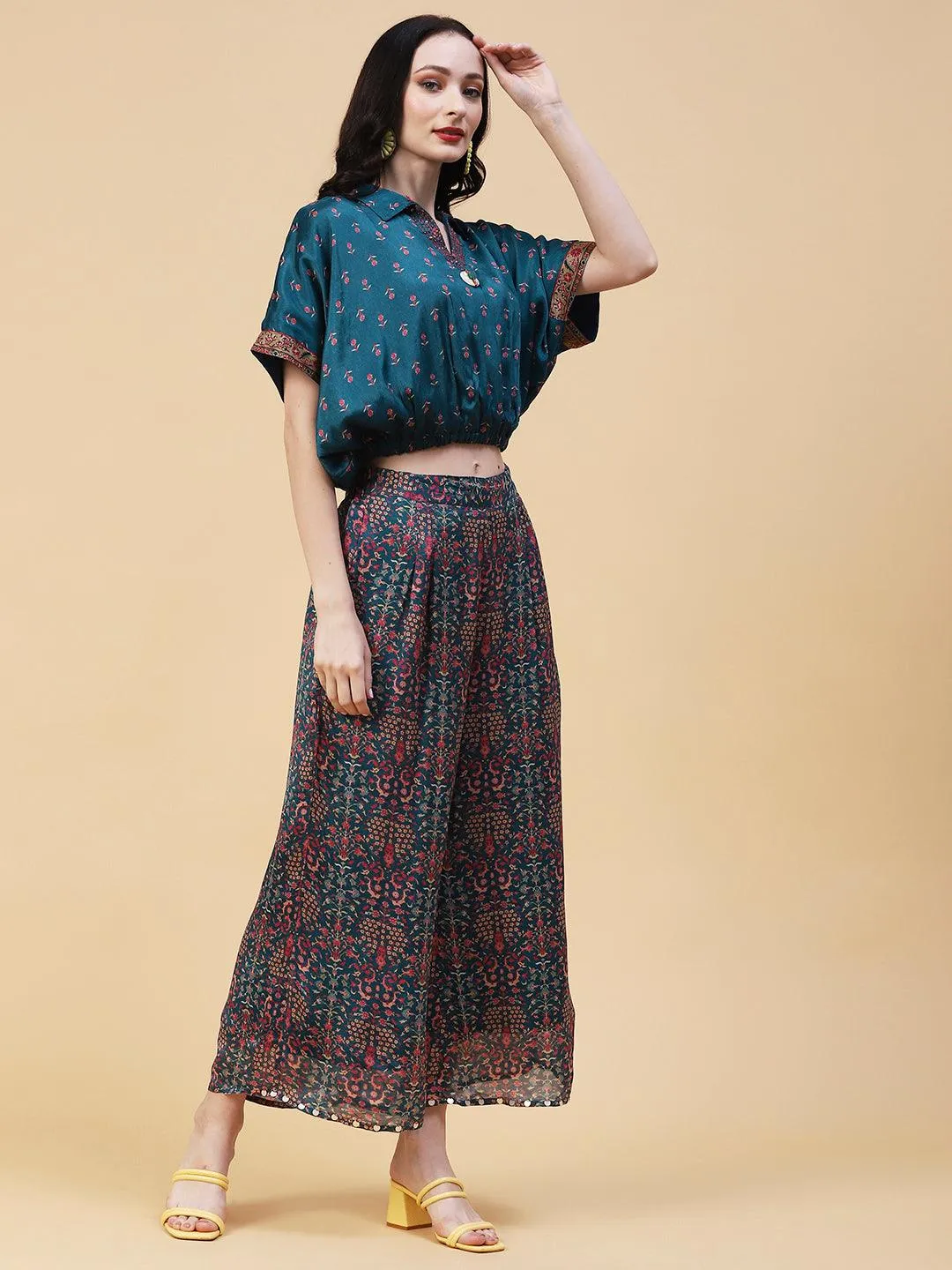 Floral Printed Resham & Beads Embroidered Kimono Crop Top With Floral Palazzo - Blue