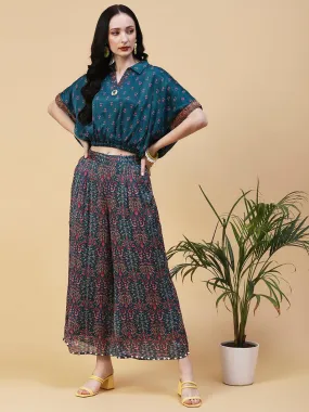 Floral Printed Resham & Beads Embroidered Kimono Crop Top With Floral Palazzo - Blue