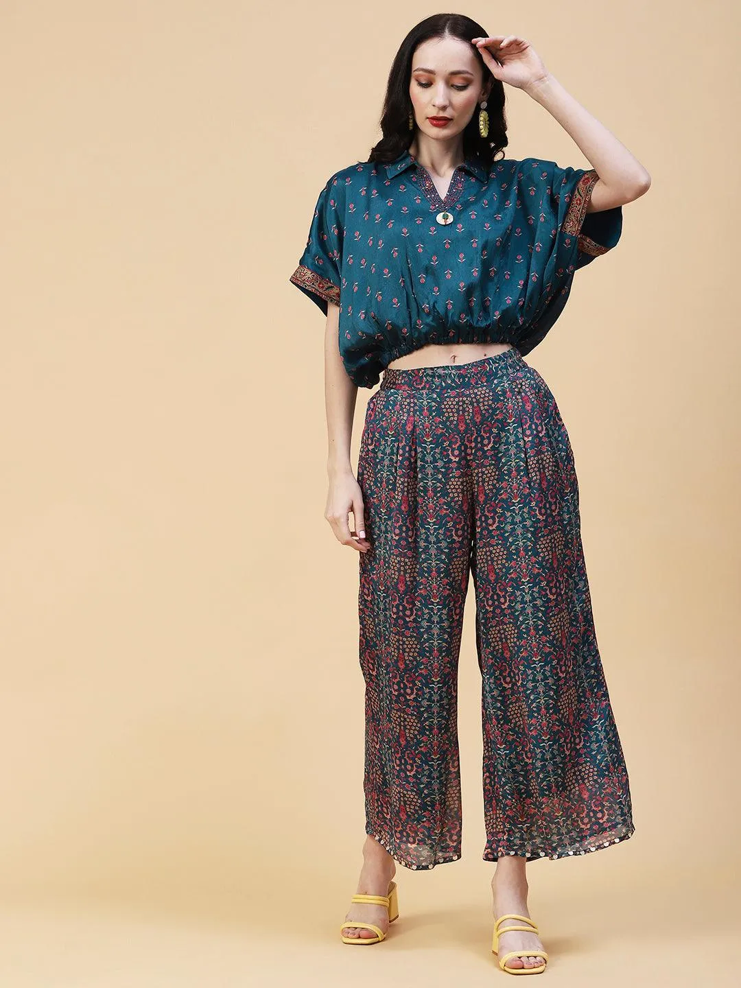 Floral Printed Resham & Beads Embroidered Kimono Crop Top With Floral Palazzo - Blue