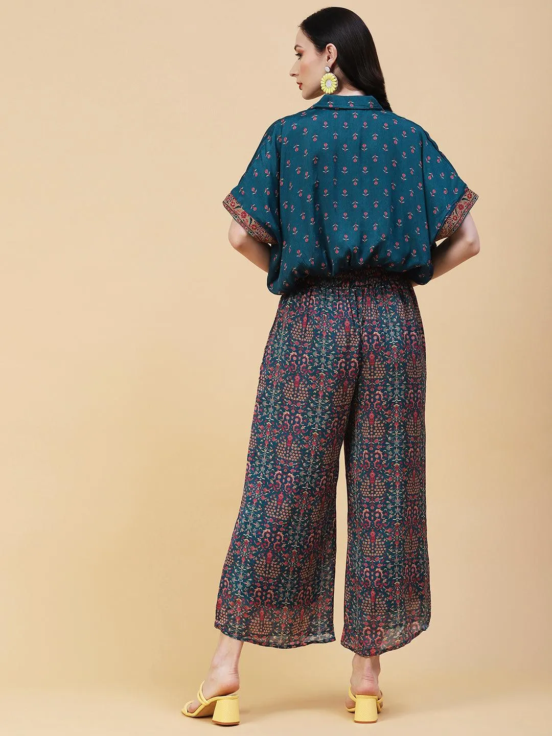Floral Printed Resham & Beads Embroidered Kimono Crop Top With Floral Palazzo - Blue