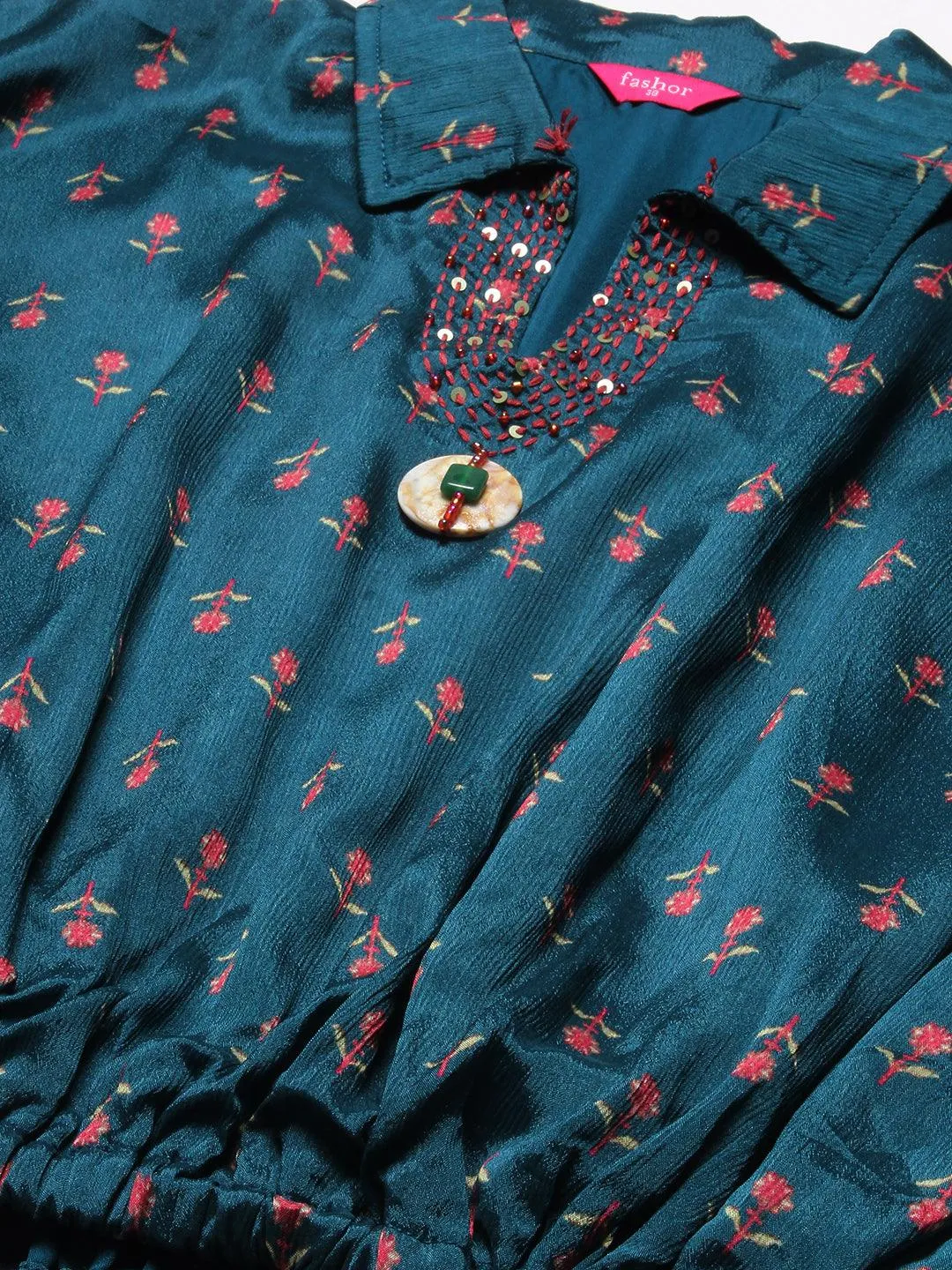 Floral Printed Resham & Beads Embroidered Kimono Crop Top With Floral Palazzo - Blue