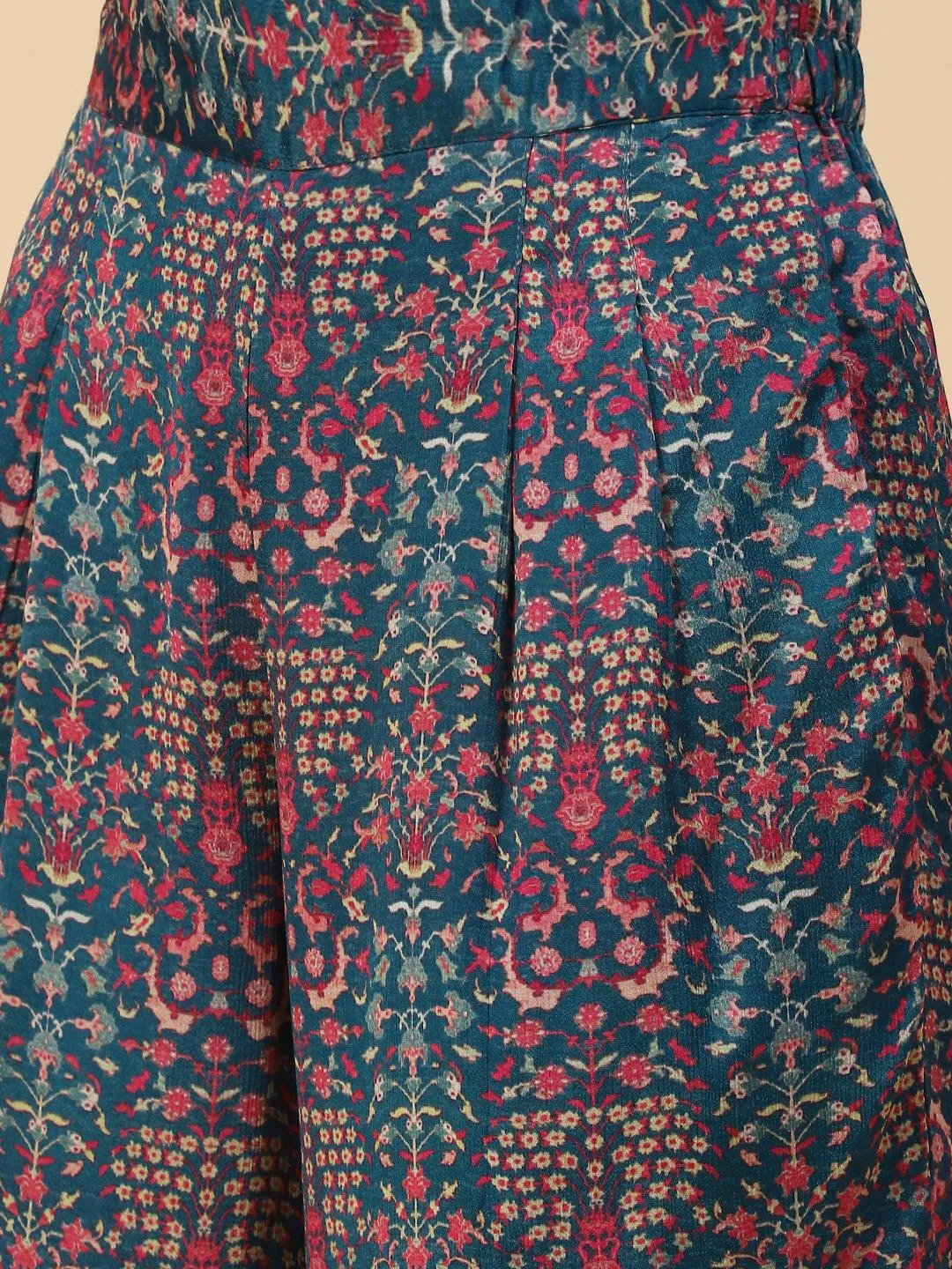 Floral Printed Resham & Beads Embroidered Kimono Crop Top With Floral Palazzo - Blue