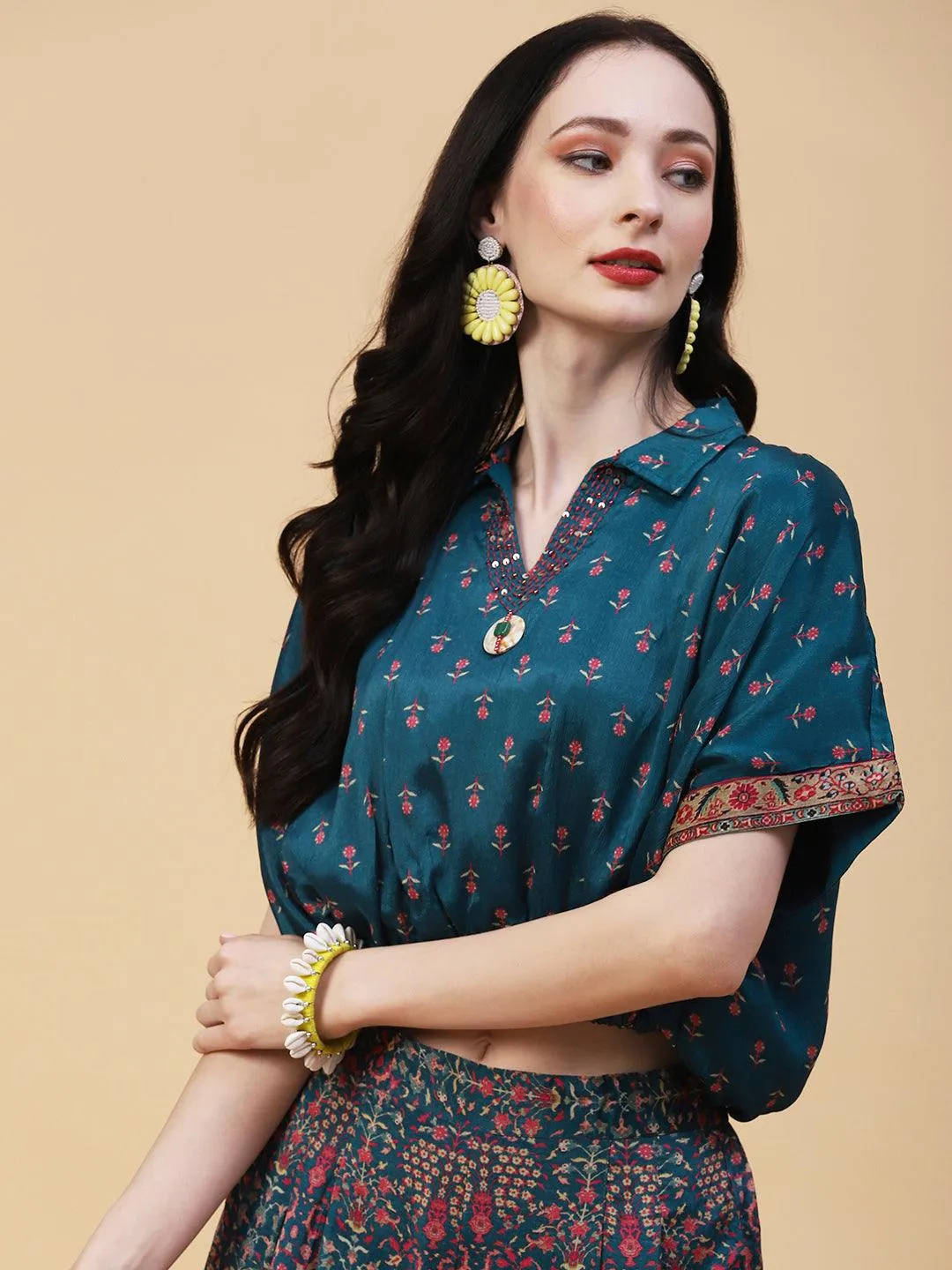 Floral Printed Resham & Beads Embroidered Kimono Crop Top With Floral Palazzo - Blue