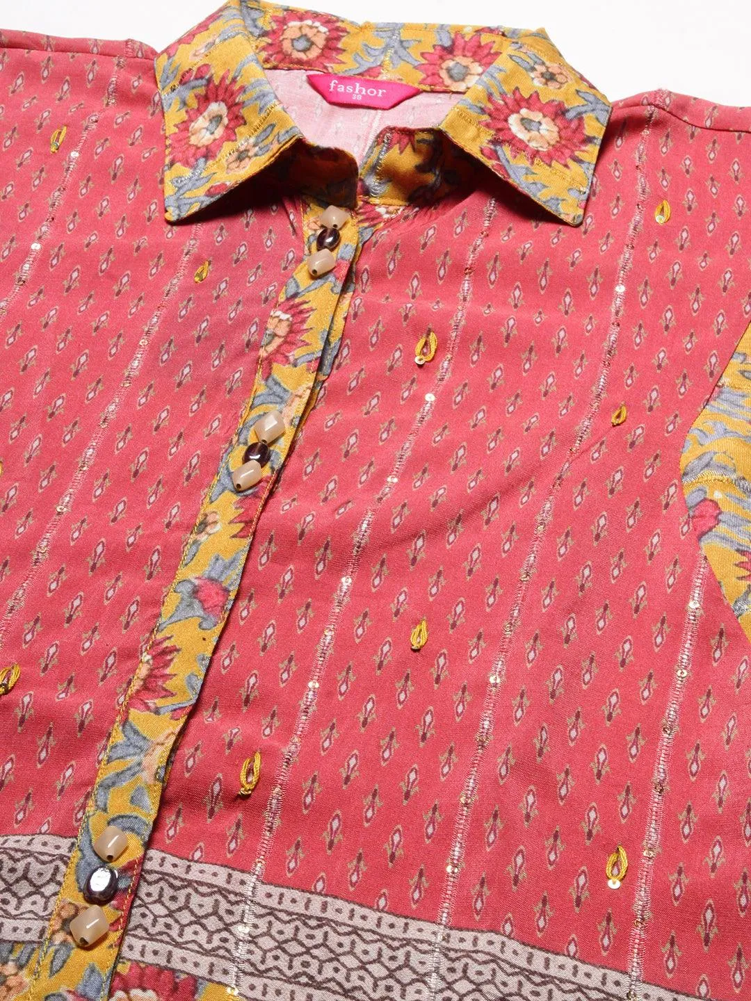 Floral Printed Resham Embroidered Kimono Sleeves Top - Mustard