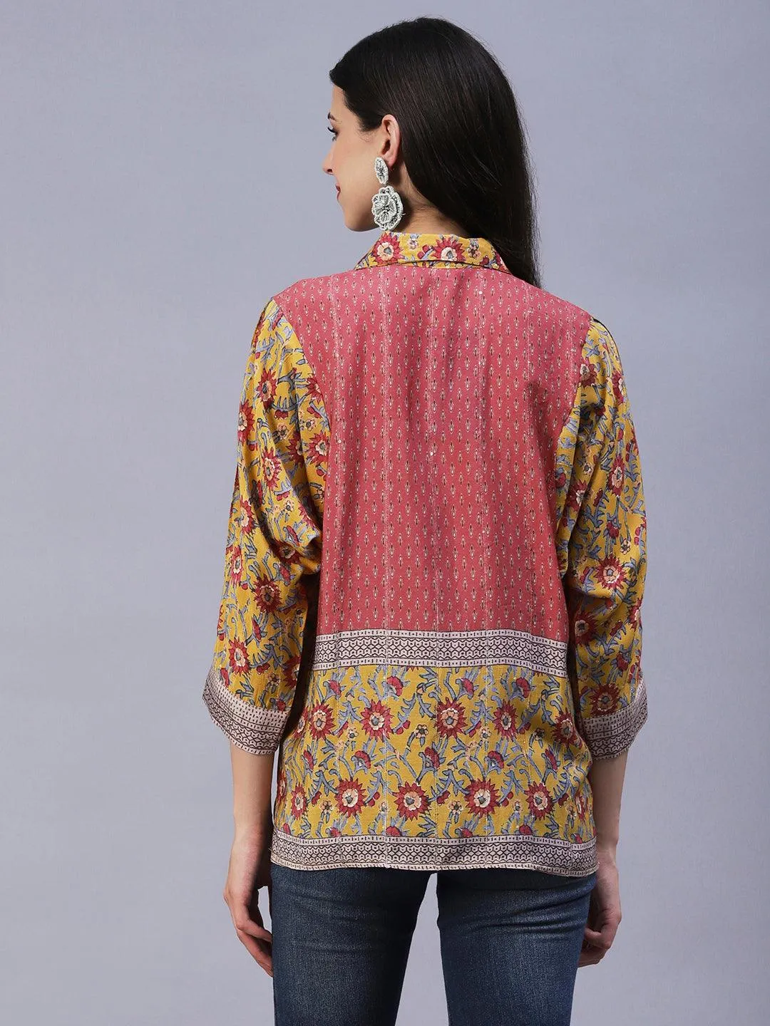 Floral Printed Resham Embroidered Kimono Sleeves Top - Mustard