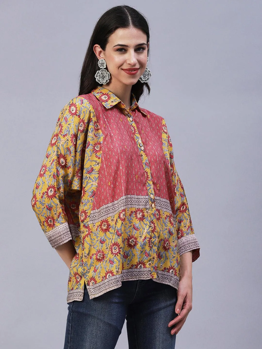Floral Printed Resham Embroidered Kimono Sleeves Top - Mustard