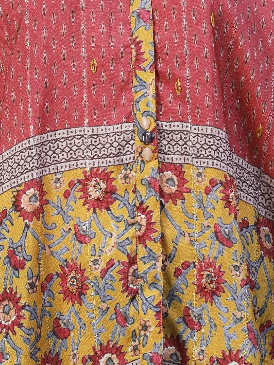 Floral Printed Resham Embroidered Kimono Sleeves Top - Mustard
