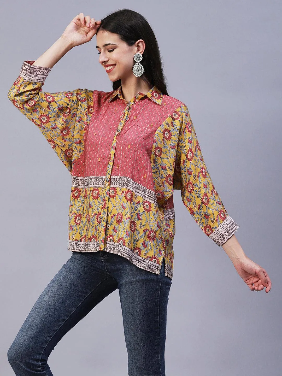 Floral Printed Resham Embroidered Kimono Sleeves Top - Mustard