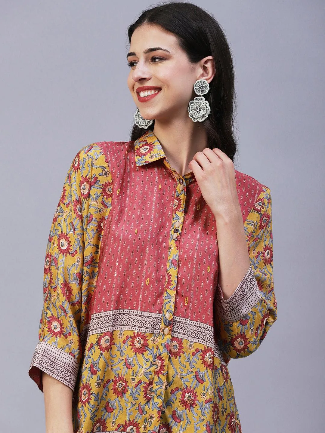 Floral Printed Resham Embroidered Kimono Sleeves Top - Mustard