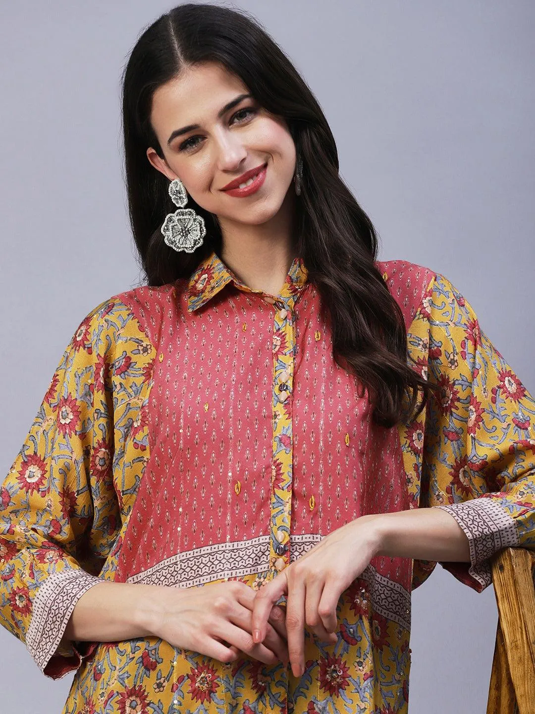 Floral Printed Resham Embroidered Kimono Sleeves Top - Mustard