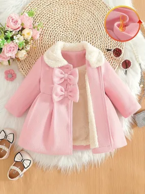 Girls' Autumn and Winter Bowknot Plain Color Versatile Plush Collar Button Jacket Suitable for Going Out