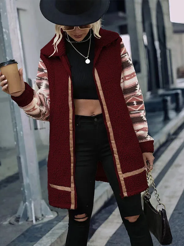 Grainy Lapel Colorblock Zipper Plush Coat