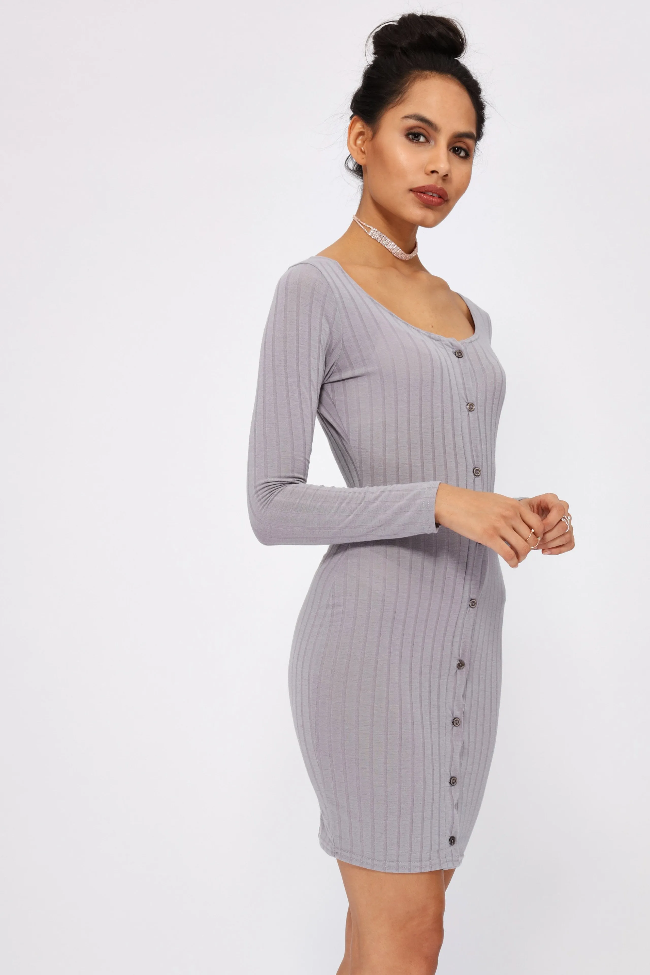 Grey Jersey Popper Bodycon Dress