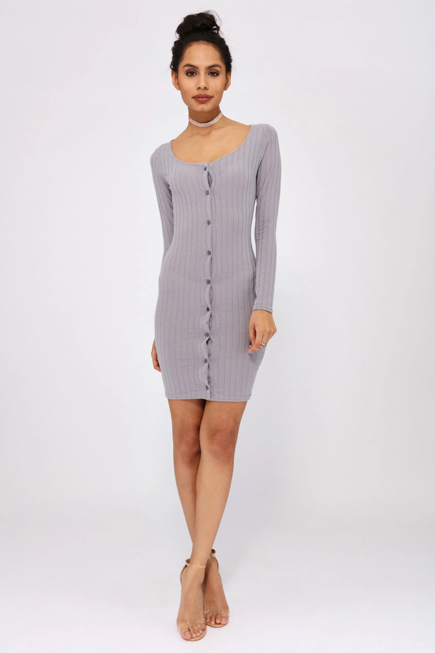 Grey Jersey Popper Bodycon Dress