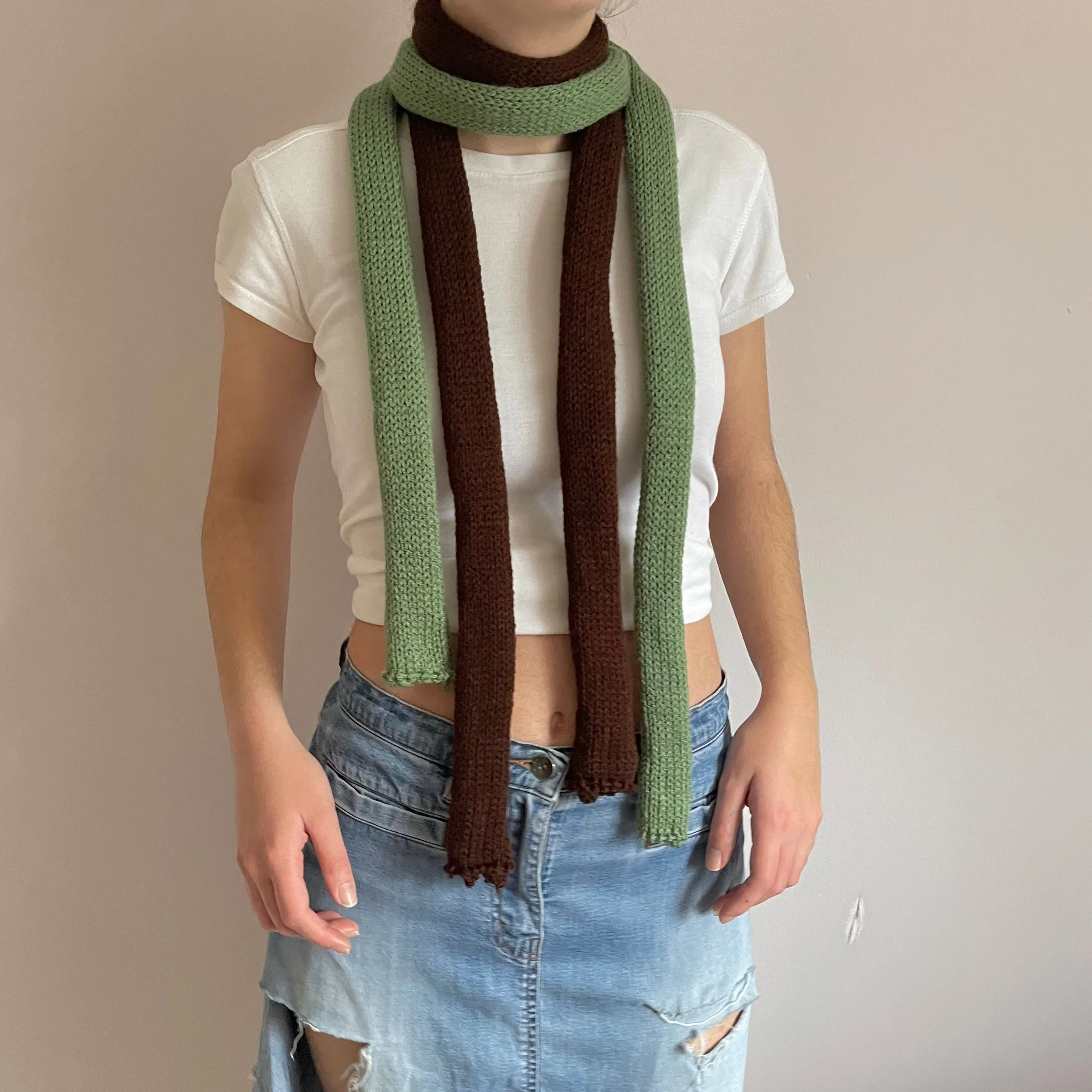 Handmade knitted skinny scarf in brown