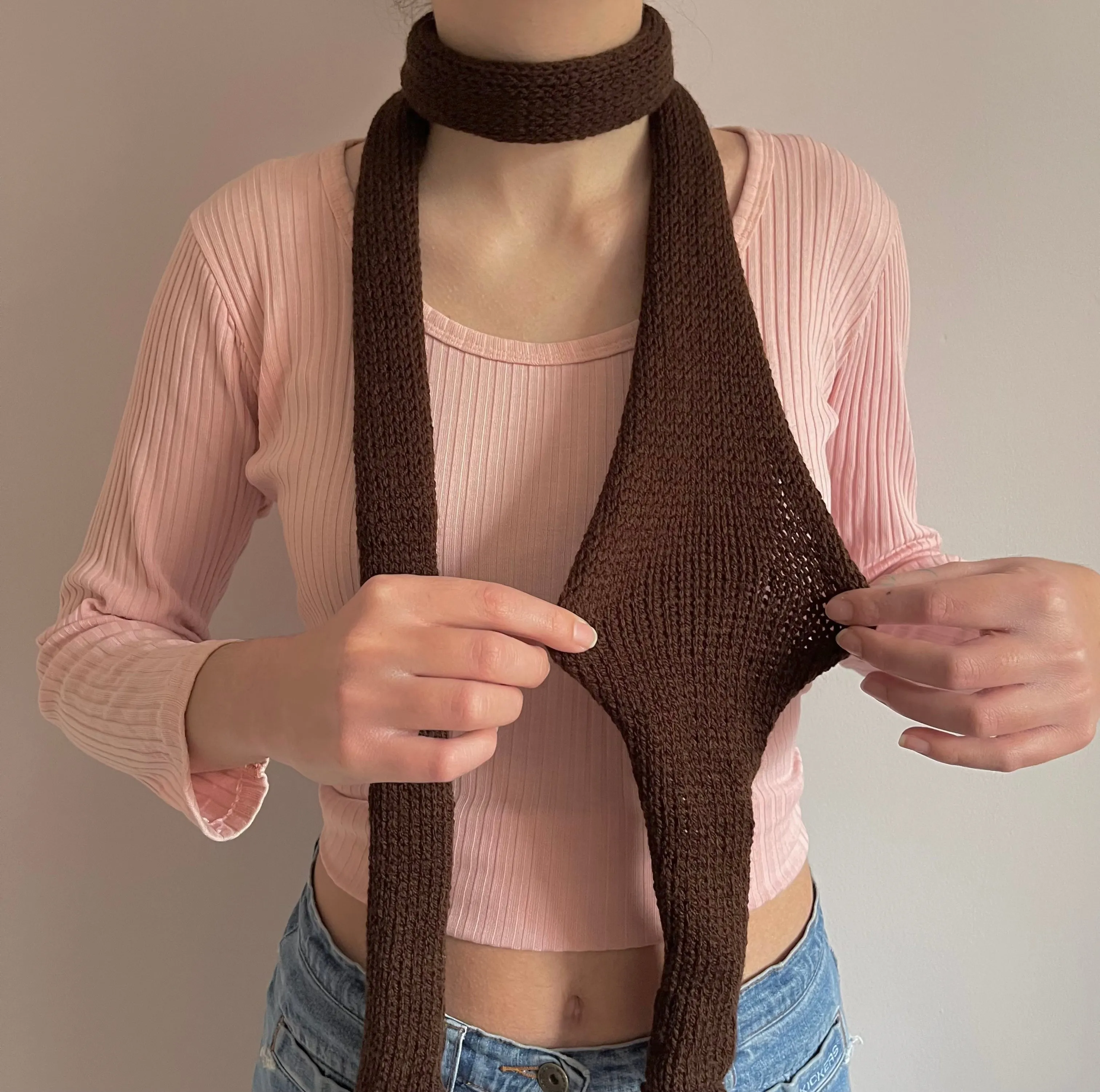 Handmade knitted skinny scarf in brown