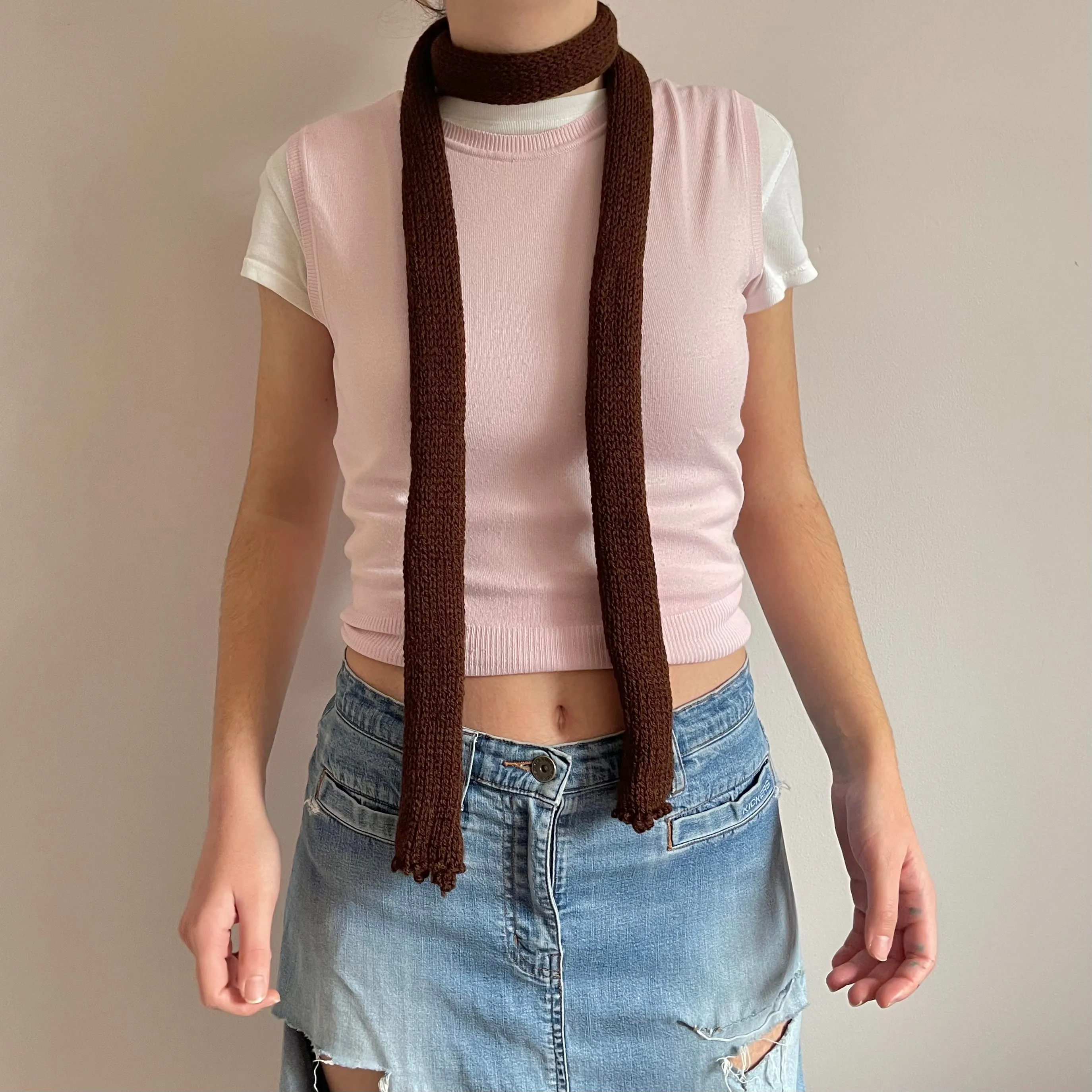 Handmade knitted skinny scarf in brown