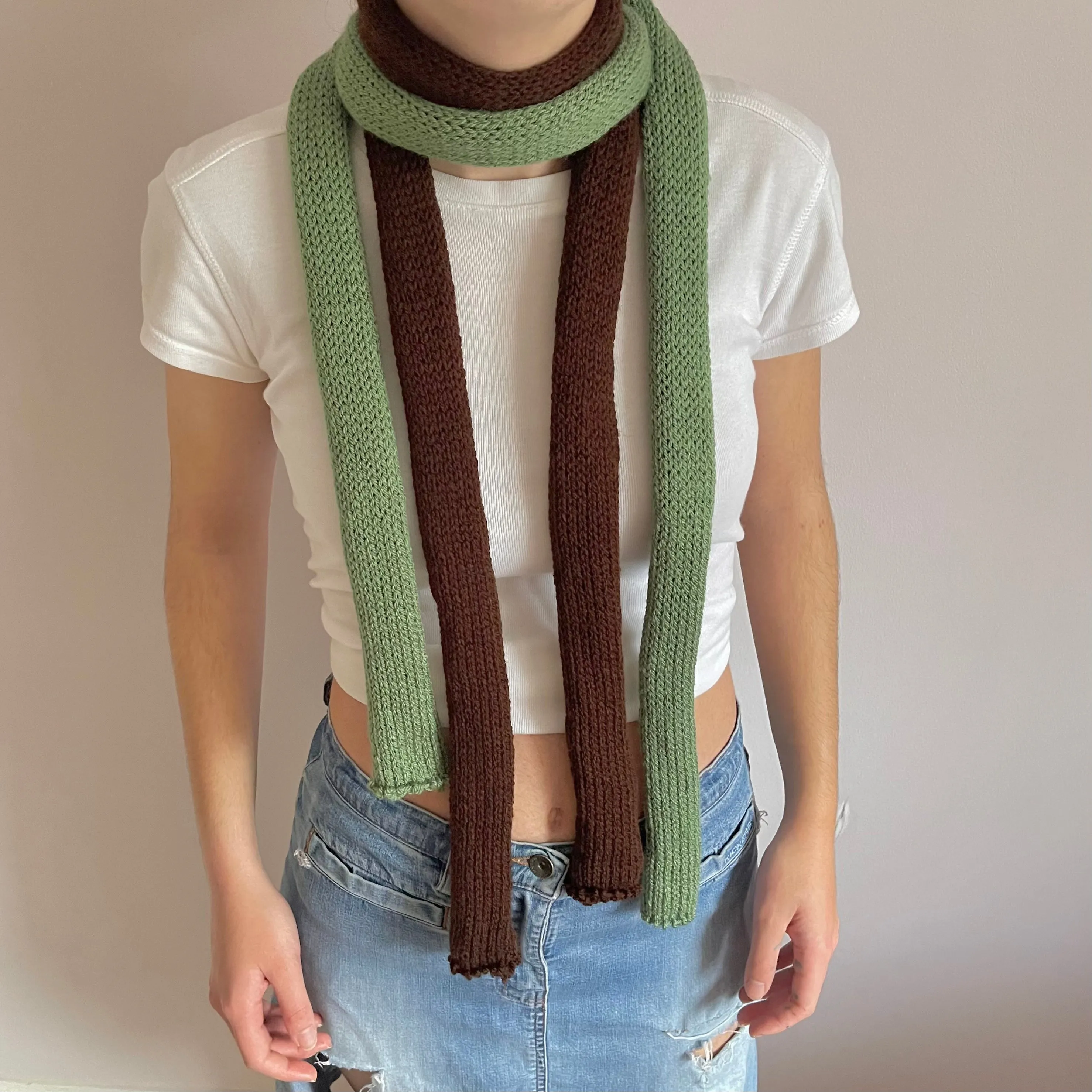 Handmade knitted skinny scarf in brown
