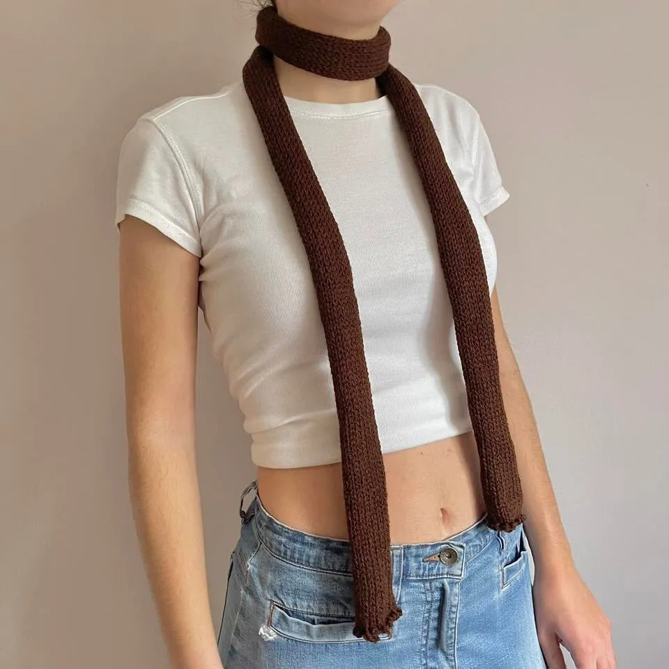 Handmade knitted skinny scarf in brown
