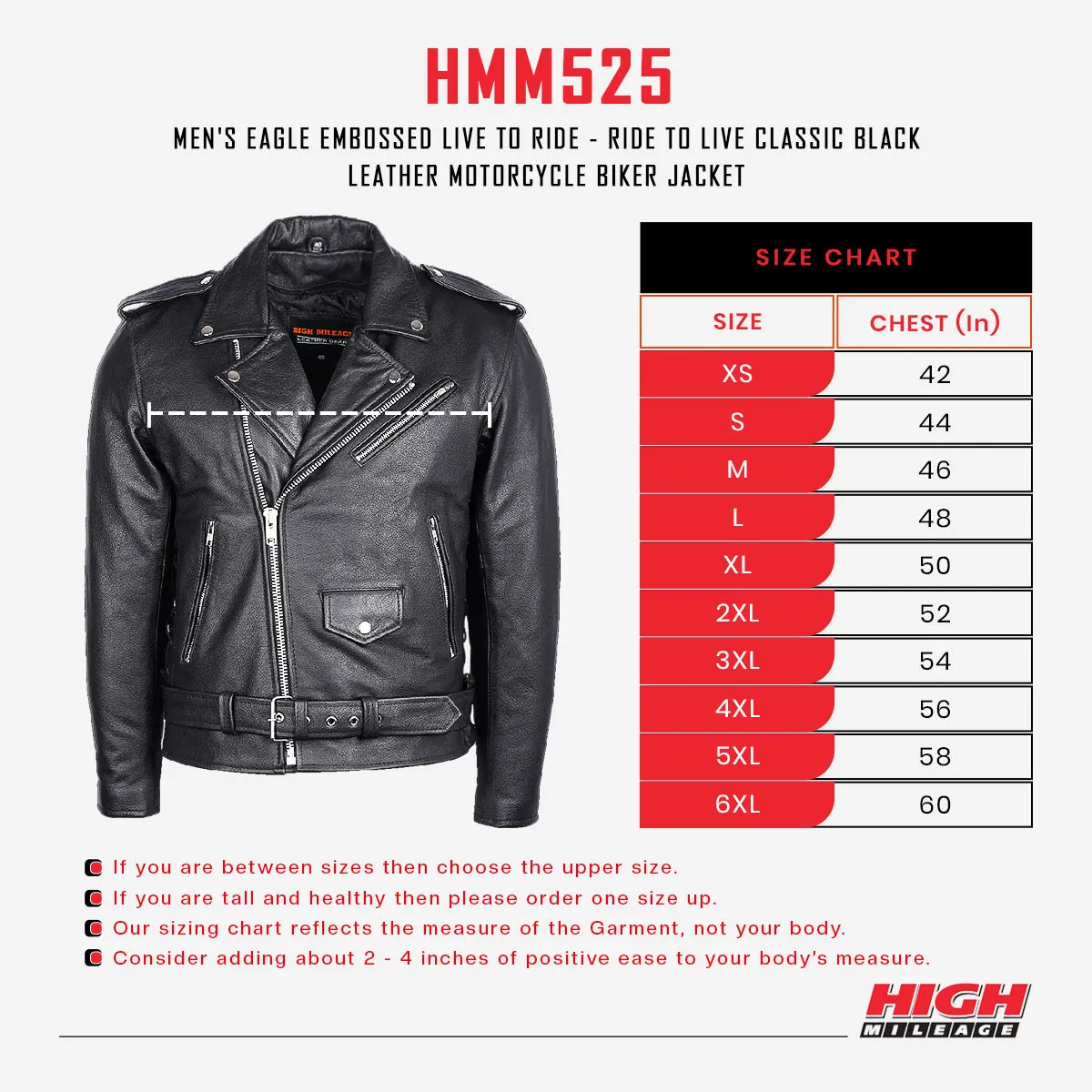 HMM525 Men's Eagle Embossed Live To Ride - Ride To Live Classic Black Leather Motorcycle Biker Jacket