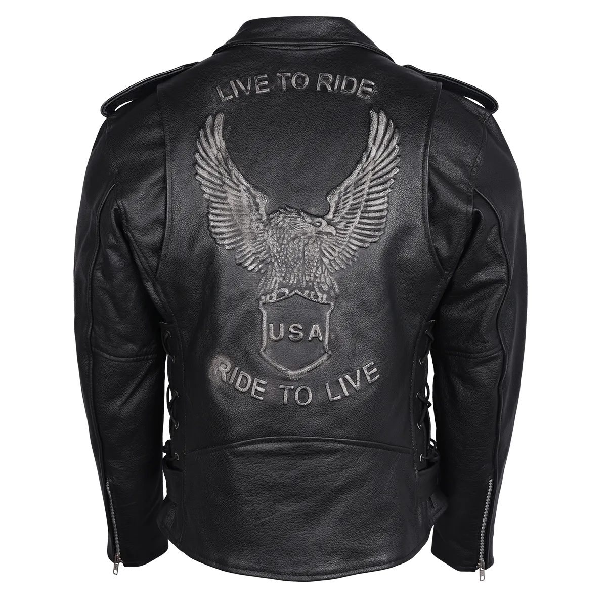 HMM525 Men's Eagle Embossed Live To Ride - Ride To Live Classic Black Leather Motorcycle Biker Jacket