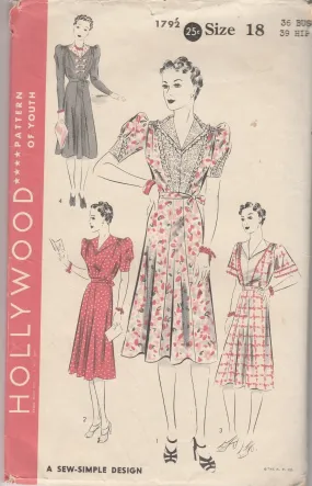 Hollywood 1792 Ladies One-Piece Frock Dress Vintage 1930's Sewing Pattern