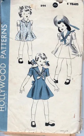 Hollywood 894 Little Girls Sailor Dress Panty Vintage 1940's Sewing Pattern