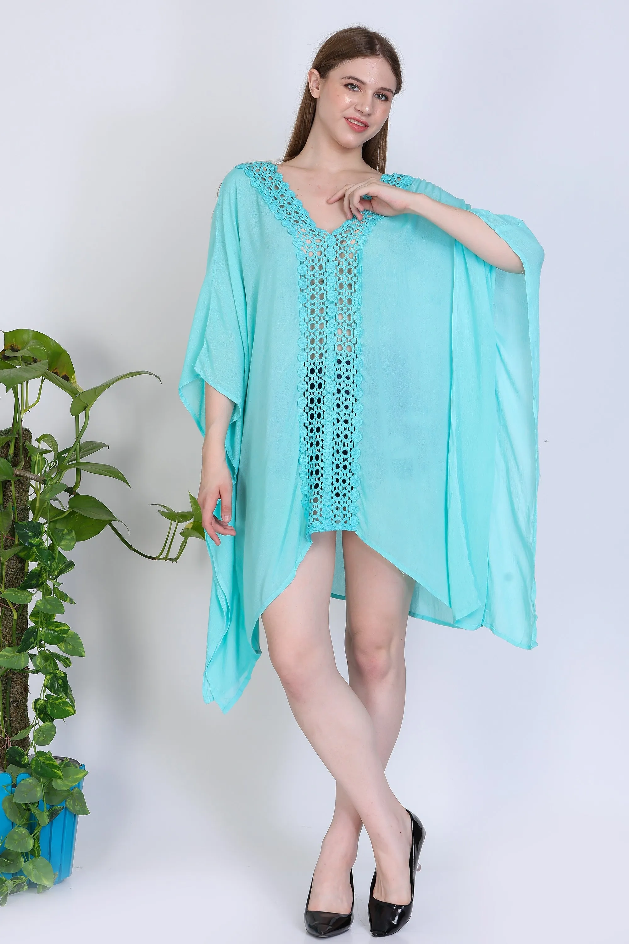 India Blue Women's Rayon Solid Crotchet Tunic
