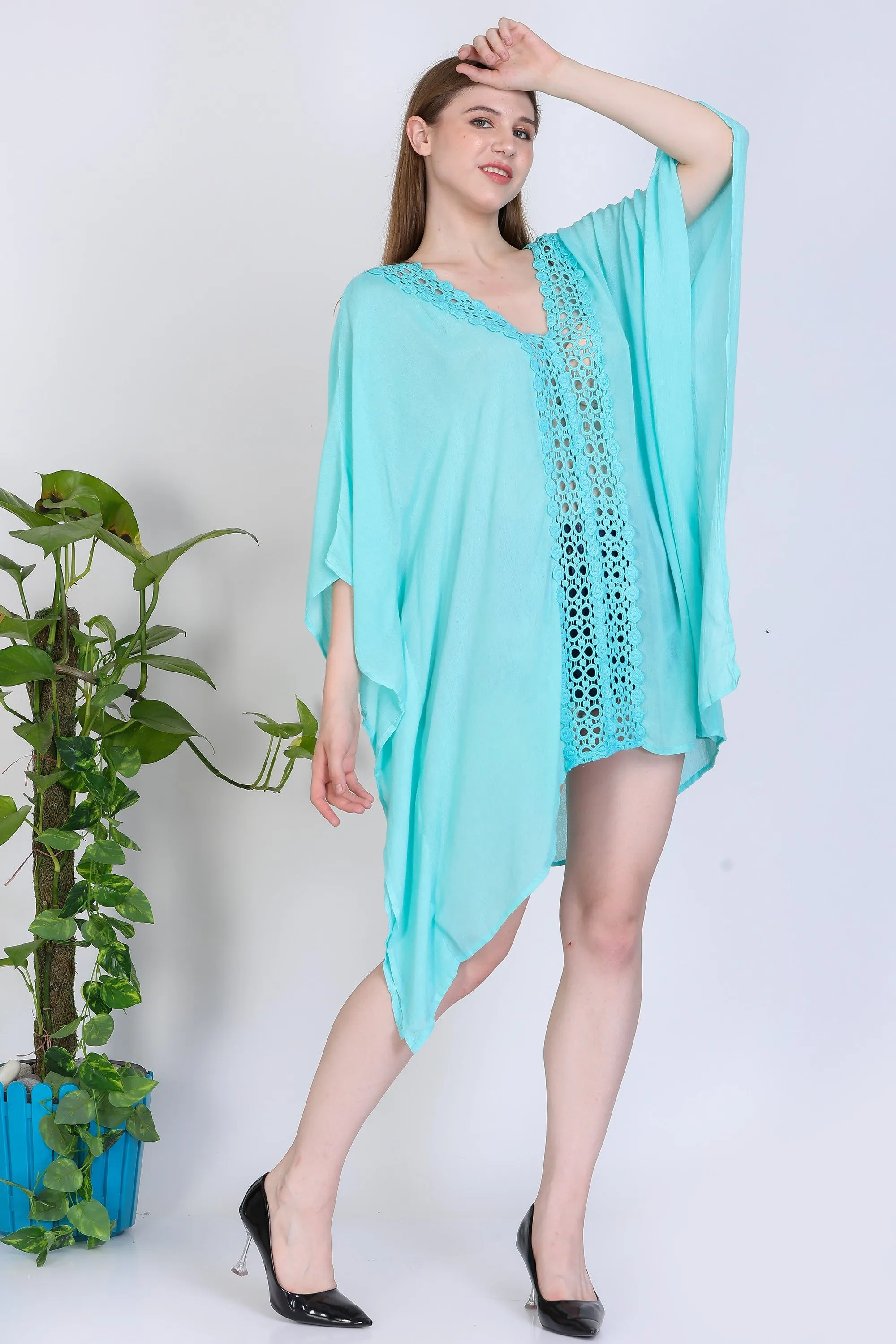 India Blue Women's Rayon Solid Crotchet Tunic