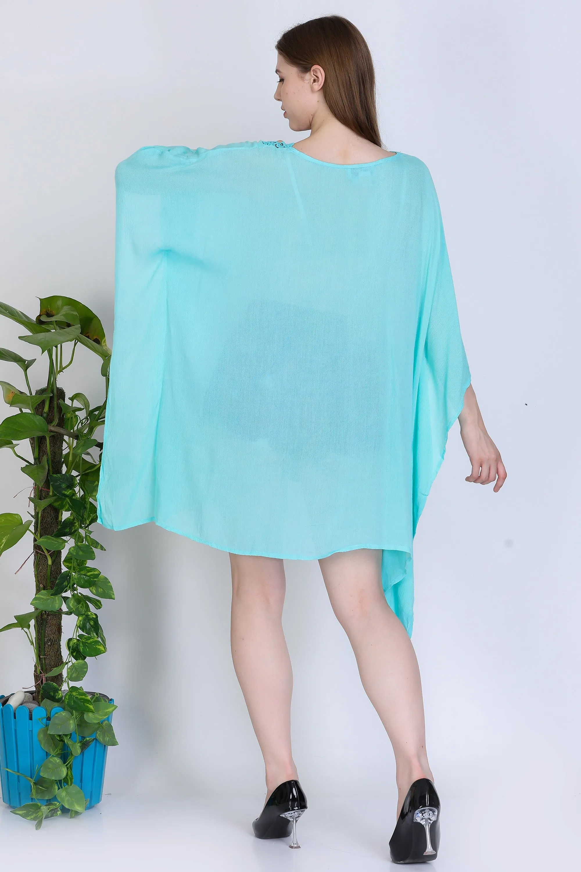 India Blue Women's Rayon Solid Crotchet Tunic