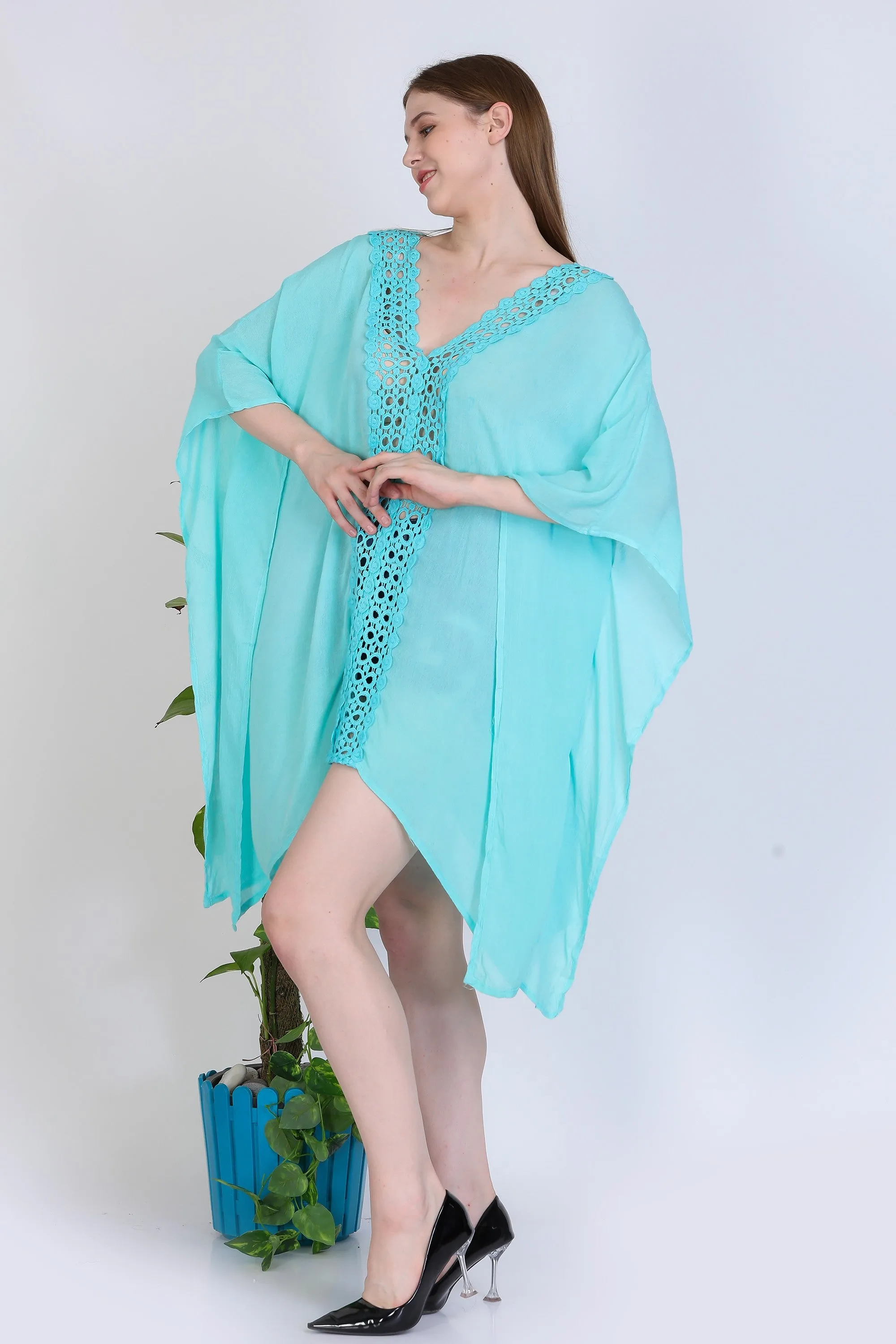 India Blue Women's Rayon Solid Crotchet Tunic