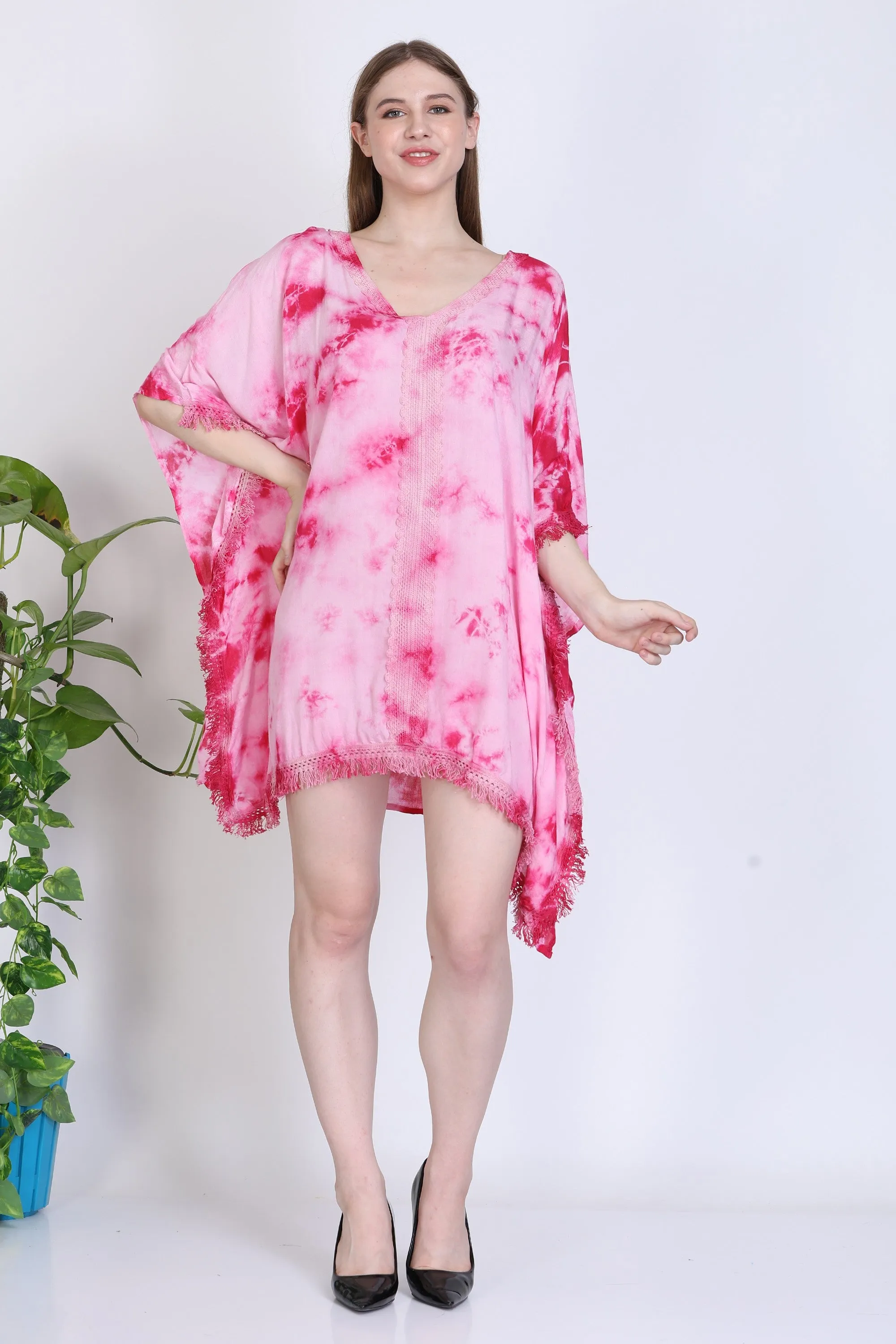 India Blue Women's Rayon Tye Dye Lace Tunic