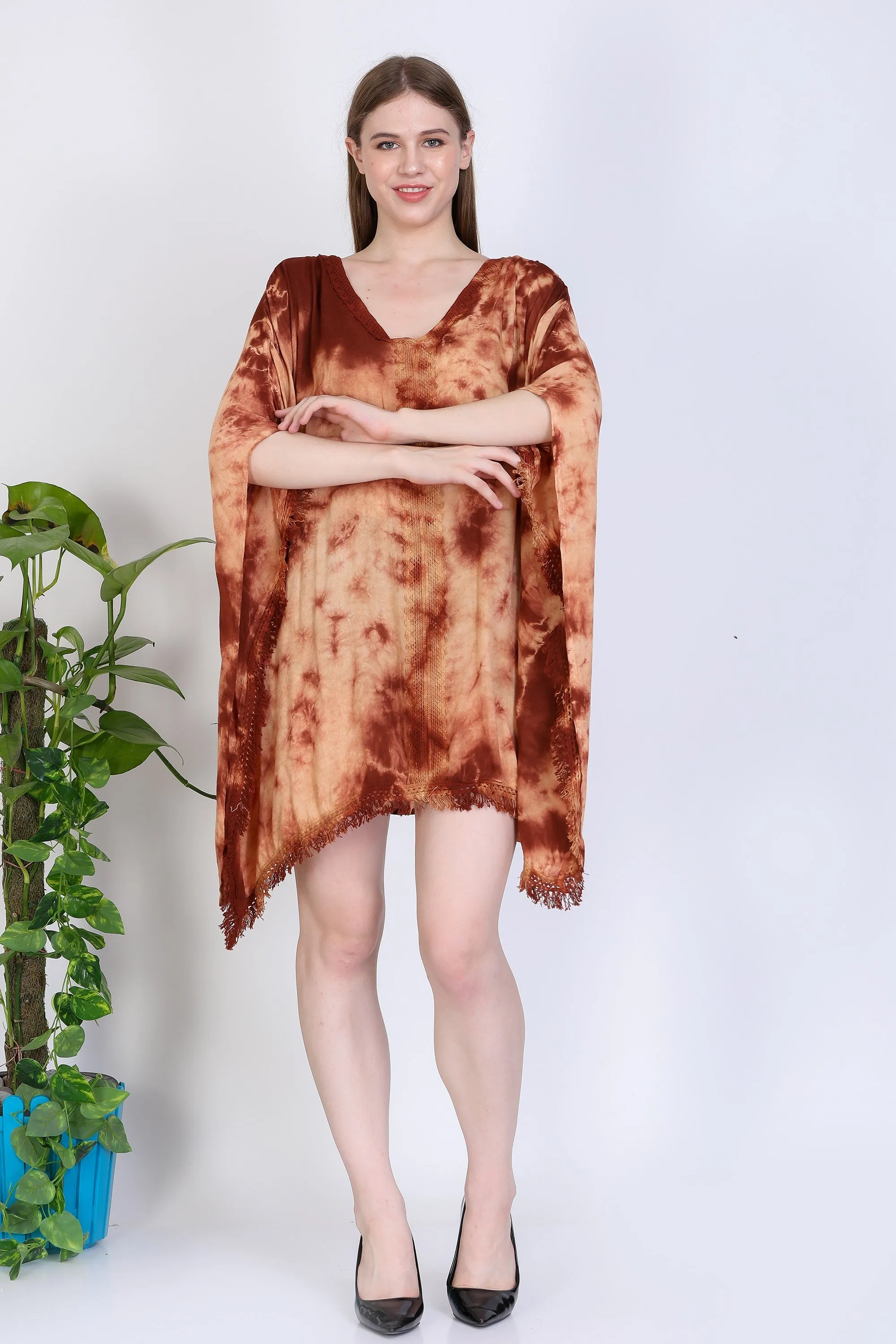 India Blue Women's Rayon Tye Dye Lace Tunic