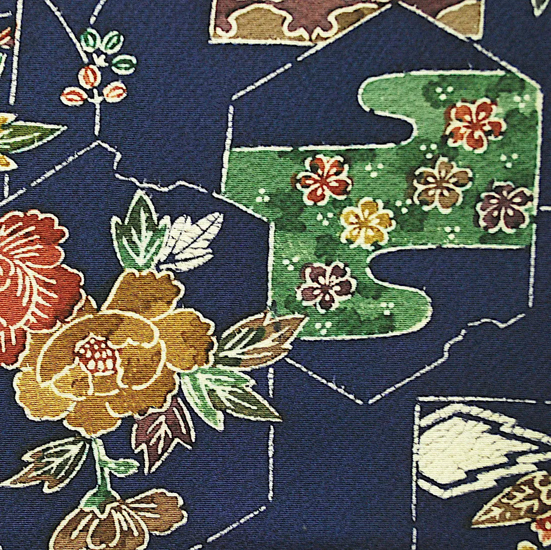 Indigo Bingata Chirimen Crepe Kimono Silk  7" x 57"   #4274
