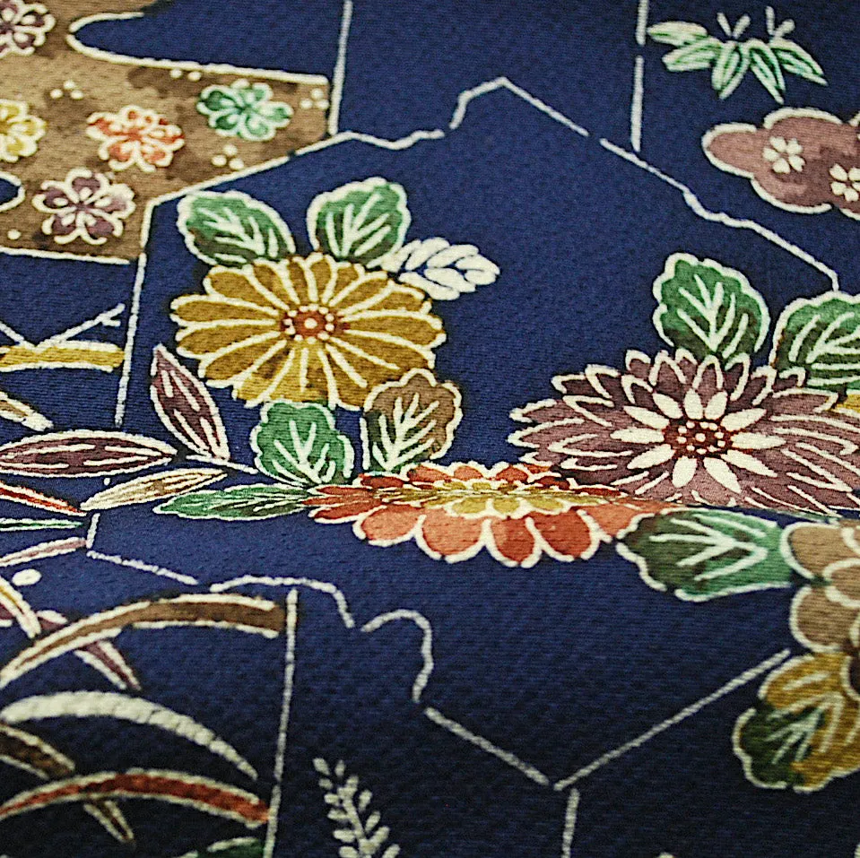 Indigo Bingata Chirimen Crepe Kimono Silk  7" x 57"   #4274