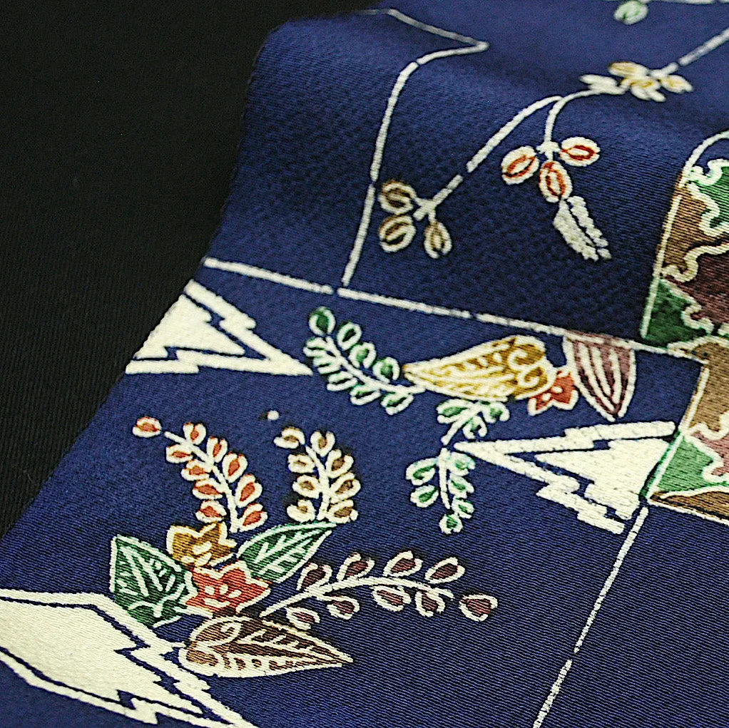 Indigo Bingata Chirimen Crepe Kimono Silk  7" x 57"   #4274