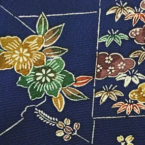Indigo Bingata Chirimen Crepe Kimono Silk  7" x 57"   #4274