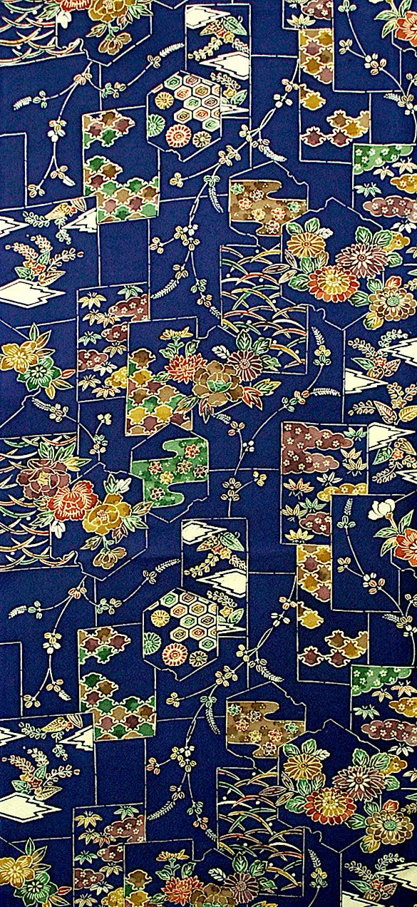 Indigo Bingata Chirimen Crepe Kimono Silk  7" x 57"   #4274