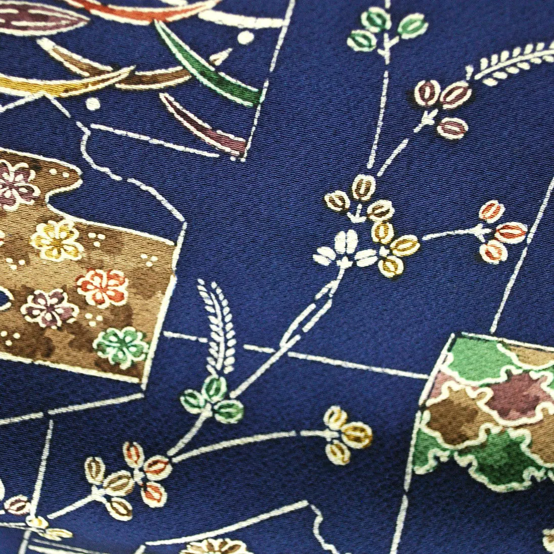 Indigo Bingata Chirimen Crepe Kimono Silk  7" x 57"   #4274